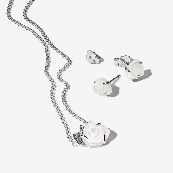 Parure Collier et Clous d'Oreilles Rose Blanche - Pandora - Modalova