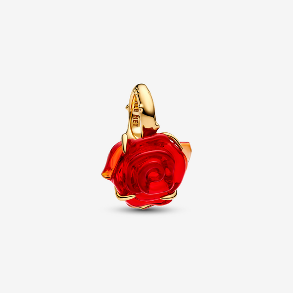 Pandora Disney Die Schöne & Das Biest Verzauberte Rose Charm-Anhänger, Murano-Glas, 14 Karat Vergoldet, Rot