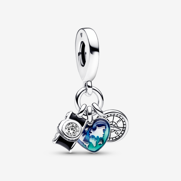 Pandora Kamera, Herz & Kompass Dreifacher Charm-Anhänger, Emaille, Sterling-Silber, Zirkonia, Blau - Bild 3