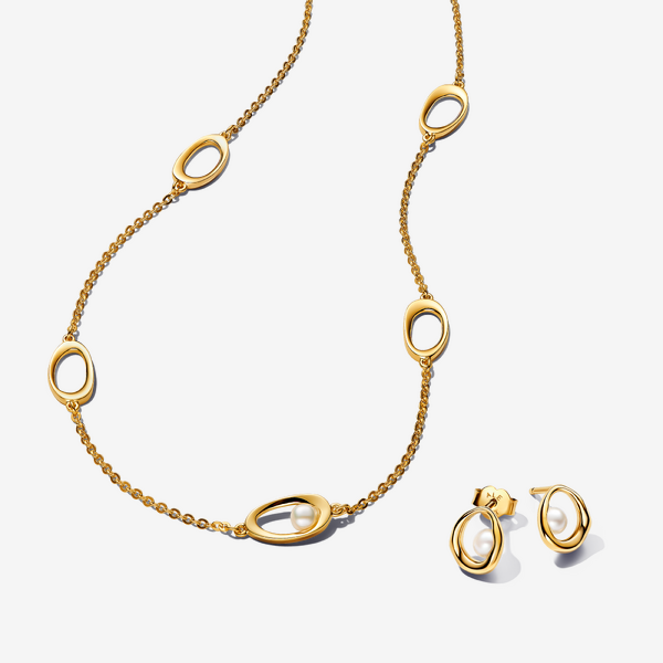 Parure Collier & Clous d’Oreilles Ovale de Forme Organique & Perle de Culture d'Eau Douce Traitée - Pandora - Modalova