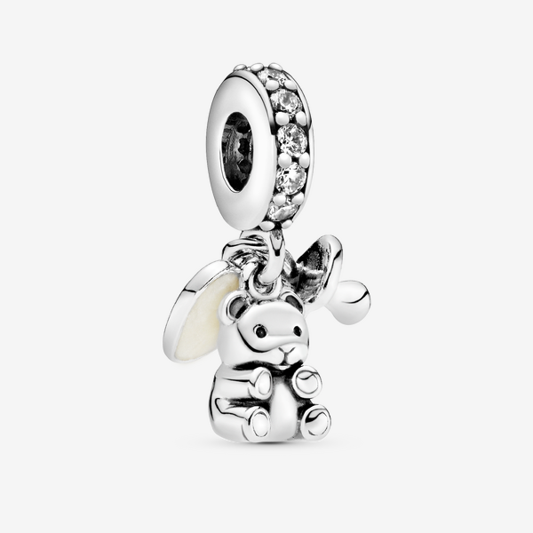 Pandora Baby-Teddybär Charm-Anhänger, Emaille, Sterling-Silber, Zirkonia, Grau