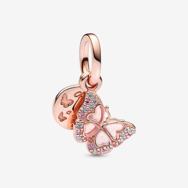 Pandora Rosafarbener Schmetterling & Spruch Doppelter Charm-Anhänger, Emaille, 14 Karat Rosévergoldet, Zirkonia