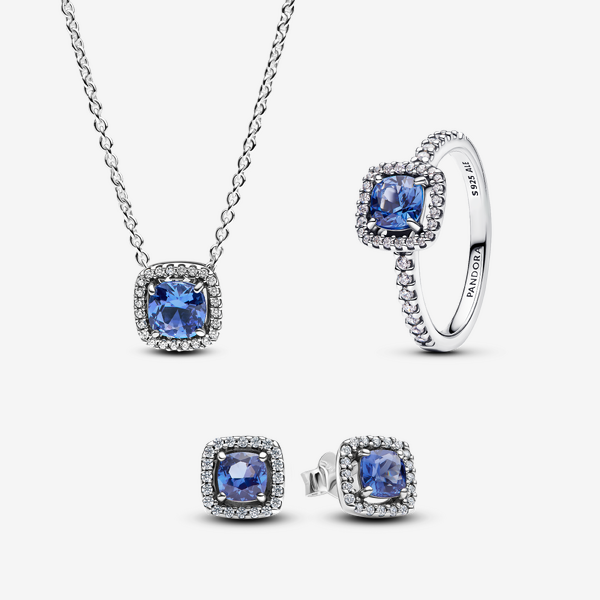 Parure Bague, Collier & Clous d'Oreilles Halo Bleu Carré Scintillant - Pandora - Modalova