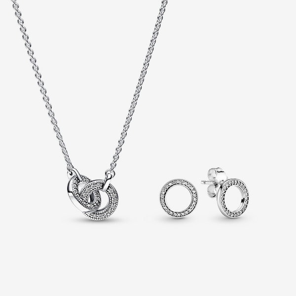 Parure Collier Pavé Entrelacé et Clous d'Oreilles Cercles Scintillants - Pandora - Modalova