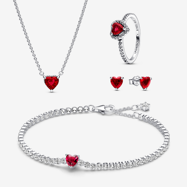Parure Bague, Bracelet, Collier et Clous d’Oreilles Cœur Rouge - Pandora - Modalova