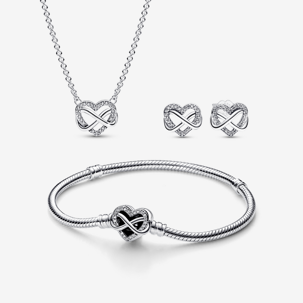 Parure Bracelet, Collier et Clous d'Oreilles Cœur Infini Scintillants - Pandora - Modalova